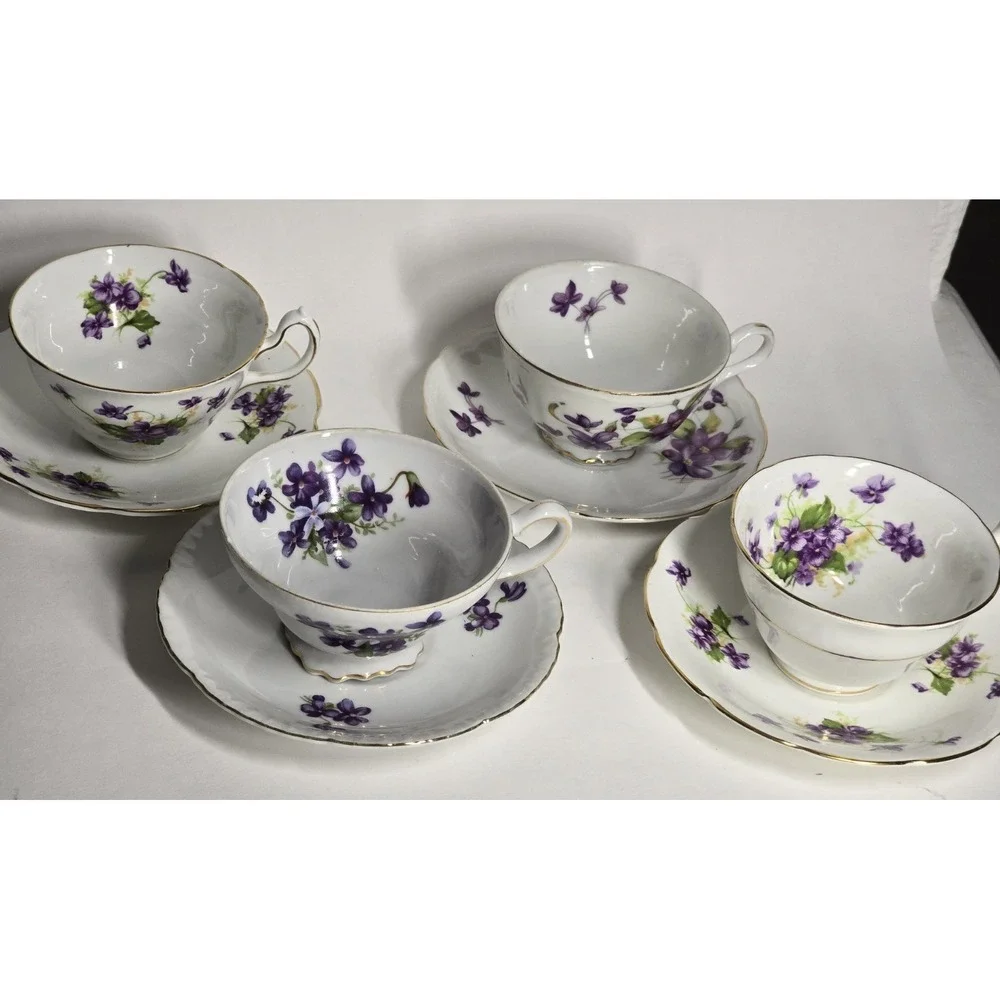 Vintage Purple Violet Teacup Saucer Lot 4 Mismatched Bone China Floral AS IS